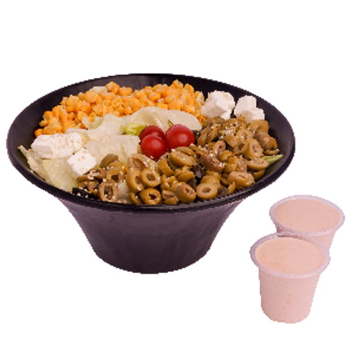 کاهو/ زیتون/ ذرت/ گوجه گیلاسی/ پنیر فتا/ برگ نعنا/ سس مخصوص