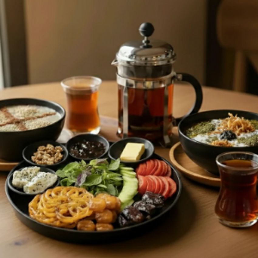 آش رشته ۳۰۰ گرم، حلیم ۳۰۰ گرم ( دو پرس به انتخاب مشتری), ۳عدد زولبیا، ۸عدد بامیه، ۶عدد خرما، ۷۰گرم گردو، پنیر لیقوان، کره، مربا، گوجه‌فرنگی، خیار، سبزی خوردن، دو عدد چای، نان سنگک