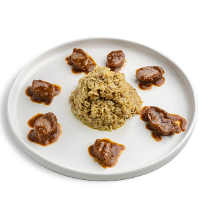 450 گرم ماهیچه گوساله،250 گرم برنج سرخ شده ایتالیایی، سس ژو