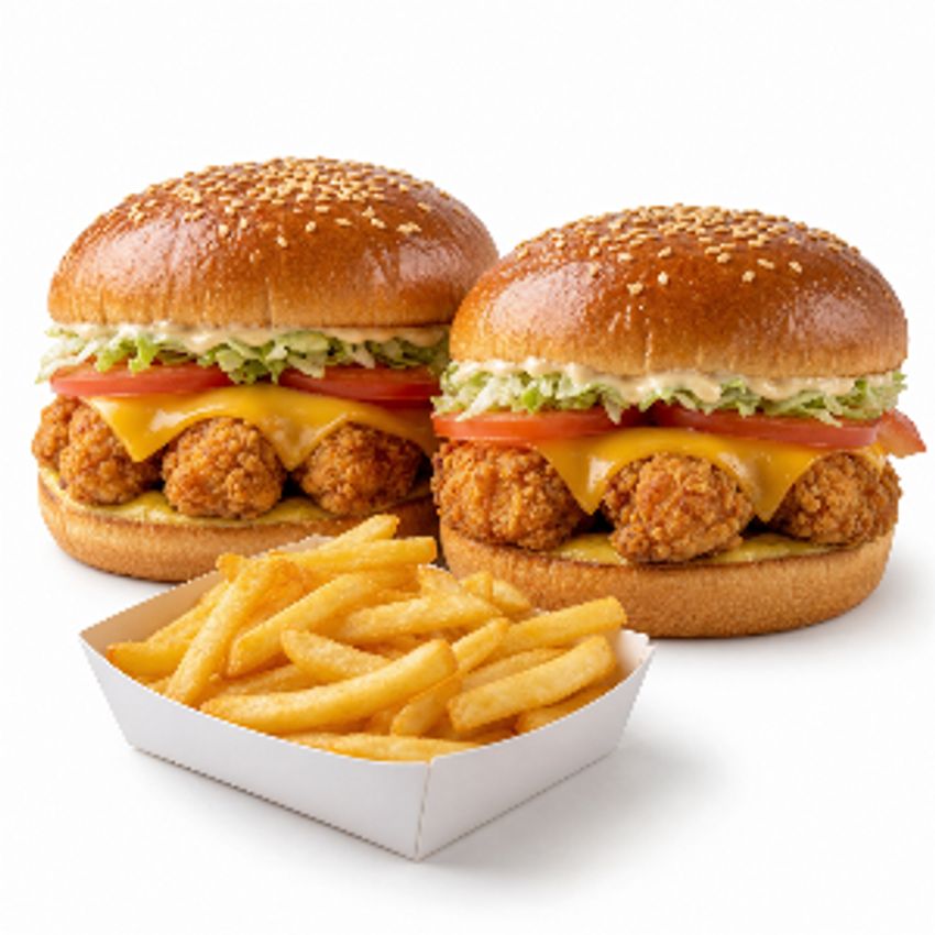 دو عدد چیکن برگر سوخاری+۱عدد سیب‌زمینی سرخ‌شده