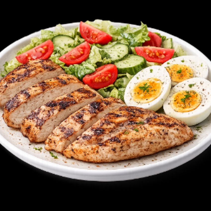 سه عدد (۲۰۰ گرم) فیله مرغ گریل شده، دو عدد تخم مرغ آبپز، سالاد فصل، سس سبز تک نفره