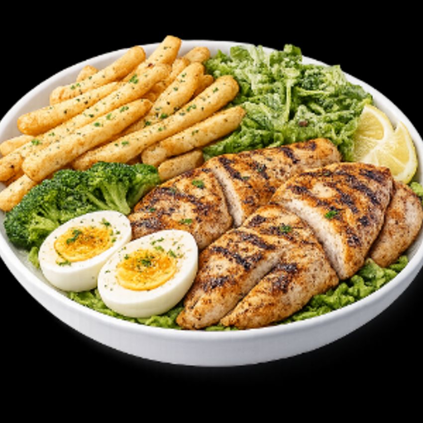 سه عدد (۲۰۰ گرم) فیله مرغ مزه دار گریل شده، ۳۰۰ گرم فرنچ فرایز هواپز بدون روغن، دو عدد تخم مرغ آبپز، سالاد فصل، سس سبز تک نفره، سس کچاپ تک نفره