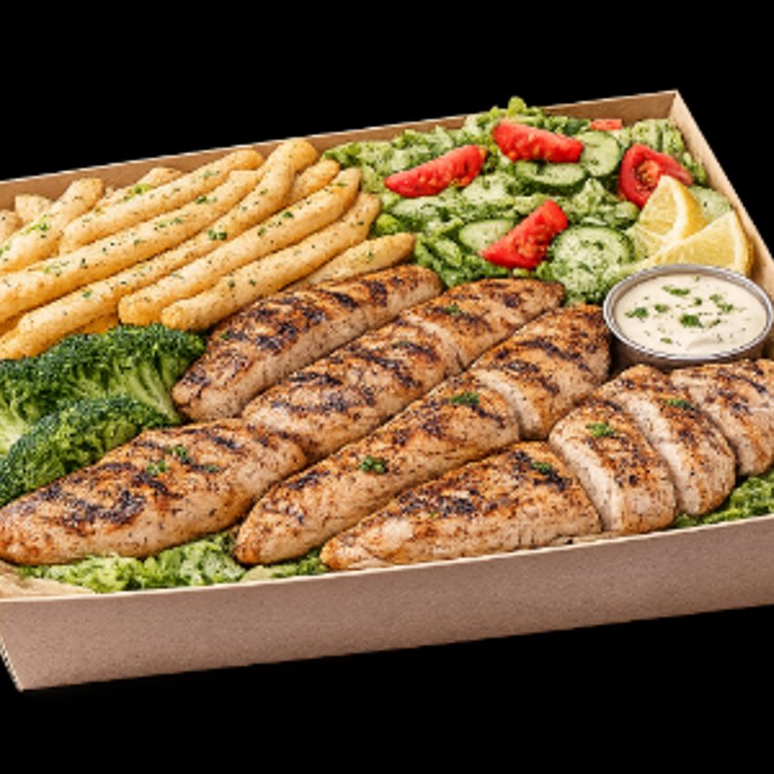 نیم کیلوگرم فیله مرغ گریل شده، نیم کیلوگرم فرنچ فرایز ترد هواپز بدون روغن، سبزیجات فصل، سس مخصوص