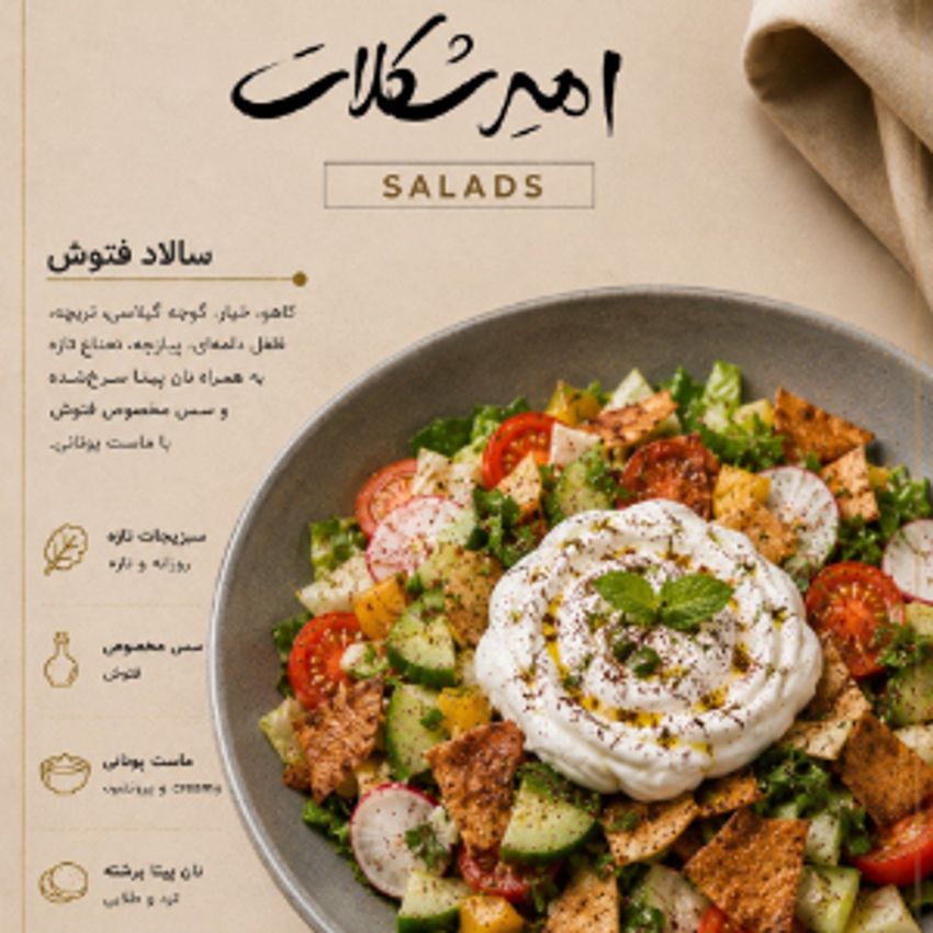 کاهو پیچ . نان ترتیلا . پیاز قرمزحلقه ای . تربچه. ماست یونانی. گوجه گیلاسی . خیار. پودر نعنا.سس سبز مخصوص. پونه. 