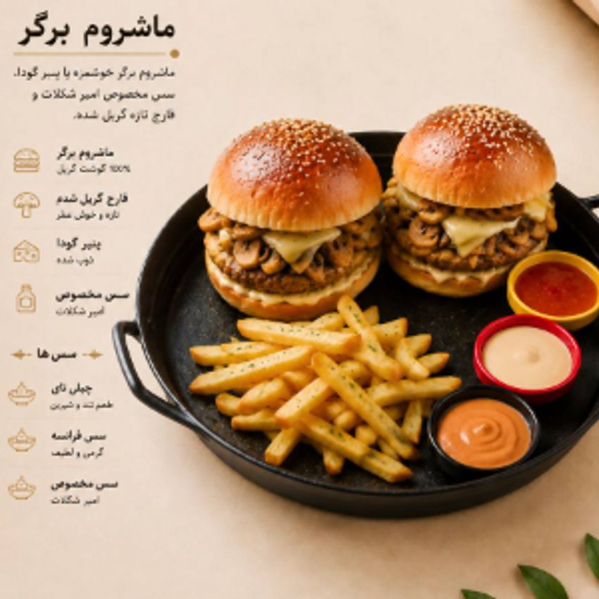 دو عددمینی  برگر گوشت خالص گوساله ،سس قارچ ، پنیر میکس.سس مخصوص.به همراه سیب زمینی