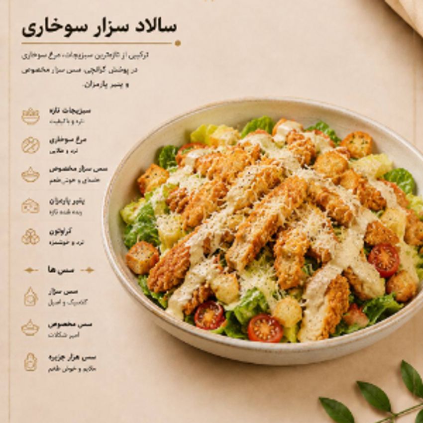 کاهو پیچ ، فیله مرغ سوخاری شده ، نان تست ، پنیر پارمسان.سس سزار