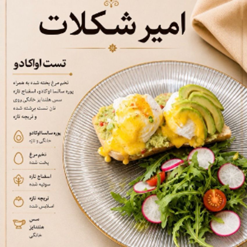 نان تست شده .تخم مرغ پوچ شده.پوره سالسا اواکادو.تربچه تازه و سس هلندایز خانگی.به همراه سالاد تازه
