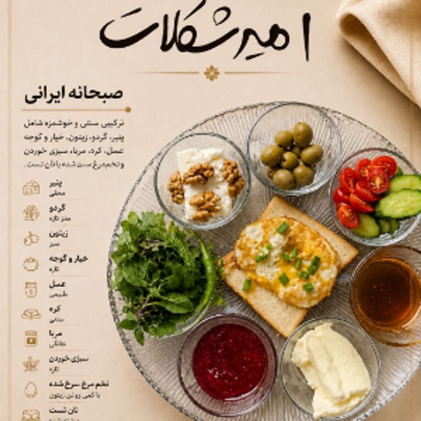 پنیر .گردو.زیتون.خیار و گوجه.عسل .خامه .سبزی خوردن .کره.مربا.نان تست با نیمرو