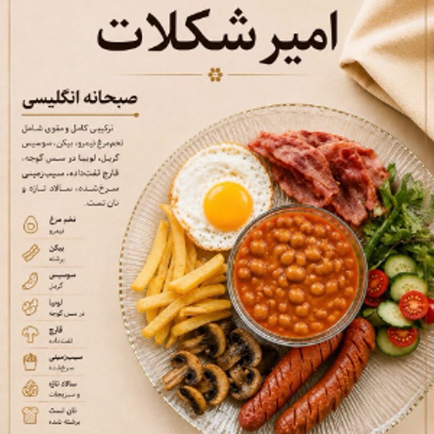 تخم مرغ نیمرو روی نان تست .سوسیس .لوبیا .بیکن.قارچ.سیب زمینی سرخ شده به همراه سالاد تازه