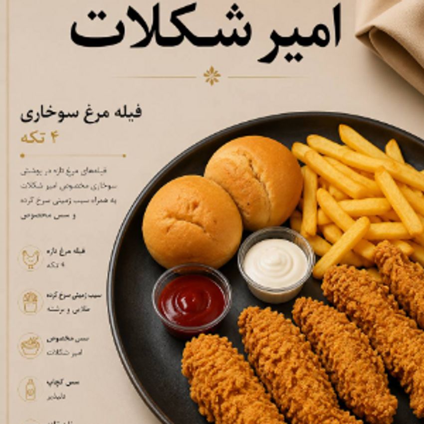 فیله مرغ سوخاری دو تکه به همراه سالاد اندونزی .سیب زمینی سرخ شده