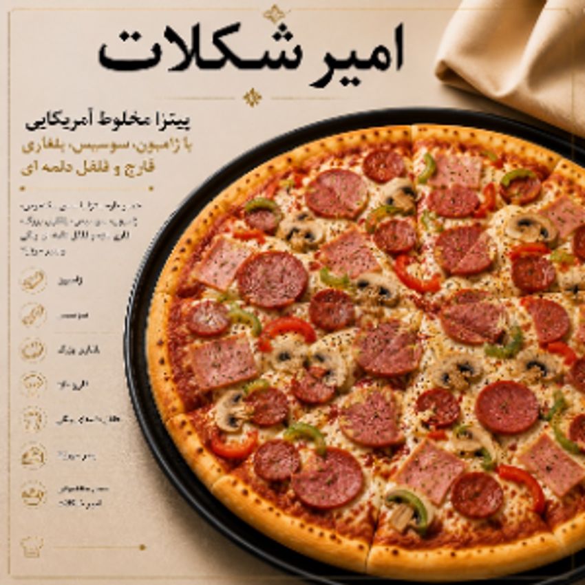 سس مخصوص ، ژامبون گوشت، قارچ ، فلفل  دلمه ای ، بلغاری