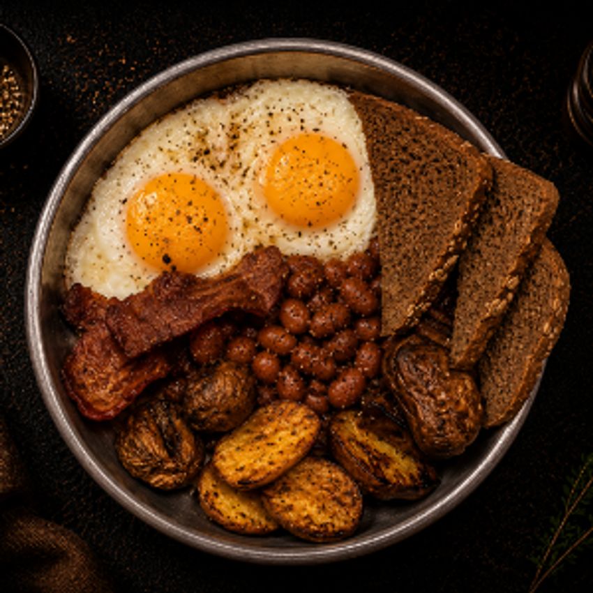 خوراک لوبیا ، قارچ ، بیکن ، سوسیس ، سیب زمینی ، نان تست ، تخم مرغ