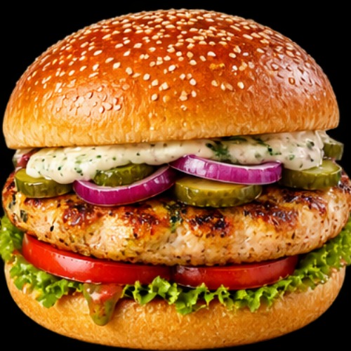 دو عدد فیله مرغ مزه دار گریل شده، گوجه، کاهو، خیار شور، نان برگر، ۱۰۰ گرم سیب زمینی تنوری، سس کچاپ تک نفره